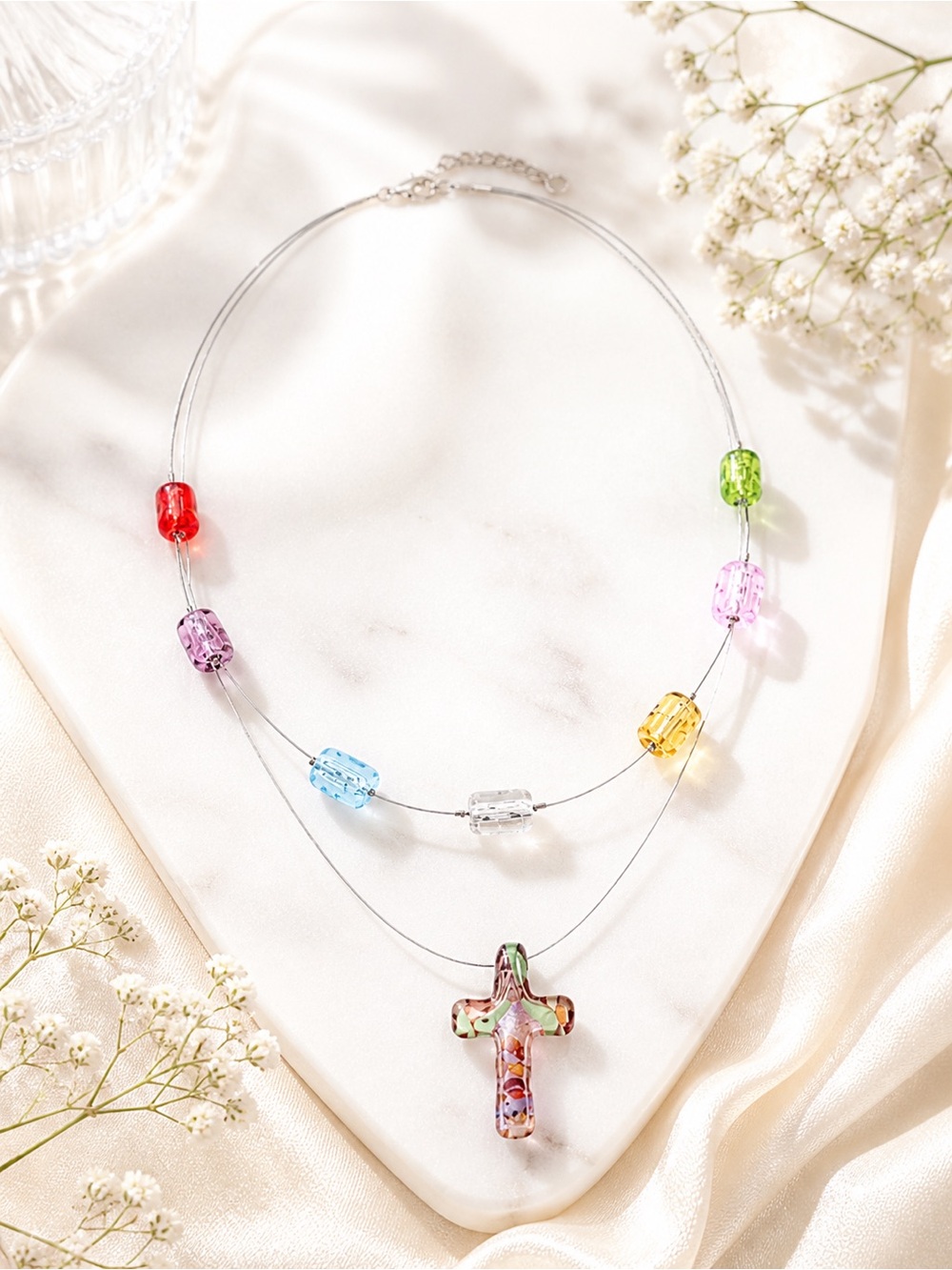 Virtues Handcrafted Glass Cross Necklace Multi Color Bead Silver 18”